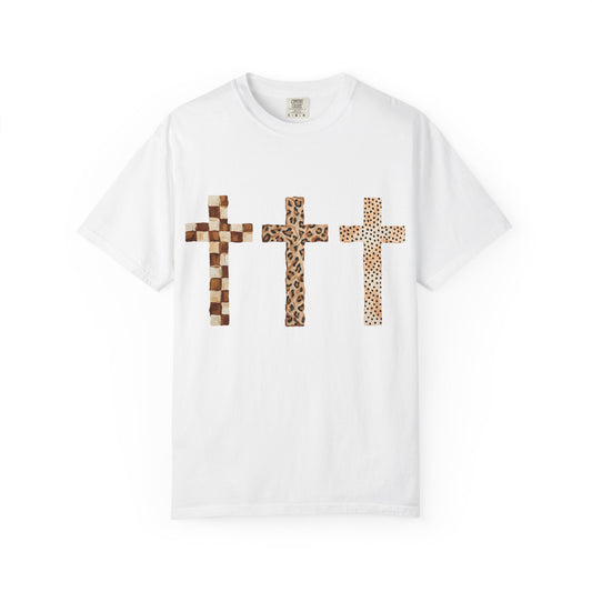 Animal Print Crosses T‑Shirt — Leopard & Checkerboard Christian Tee